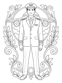 An airline captain stands framed by foliage in this pilot coloring page.