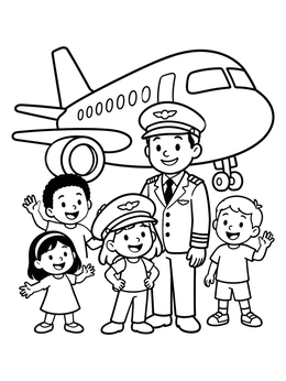 A friendly pilot and smiling children pose in front of a jet in this airplane coloring page.