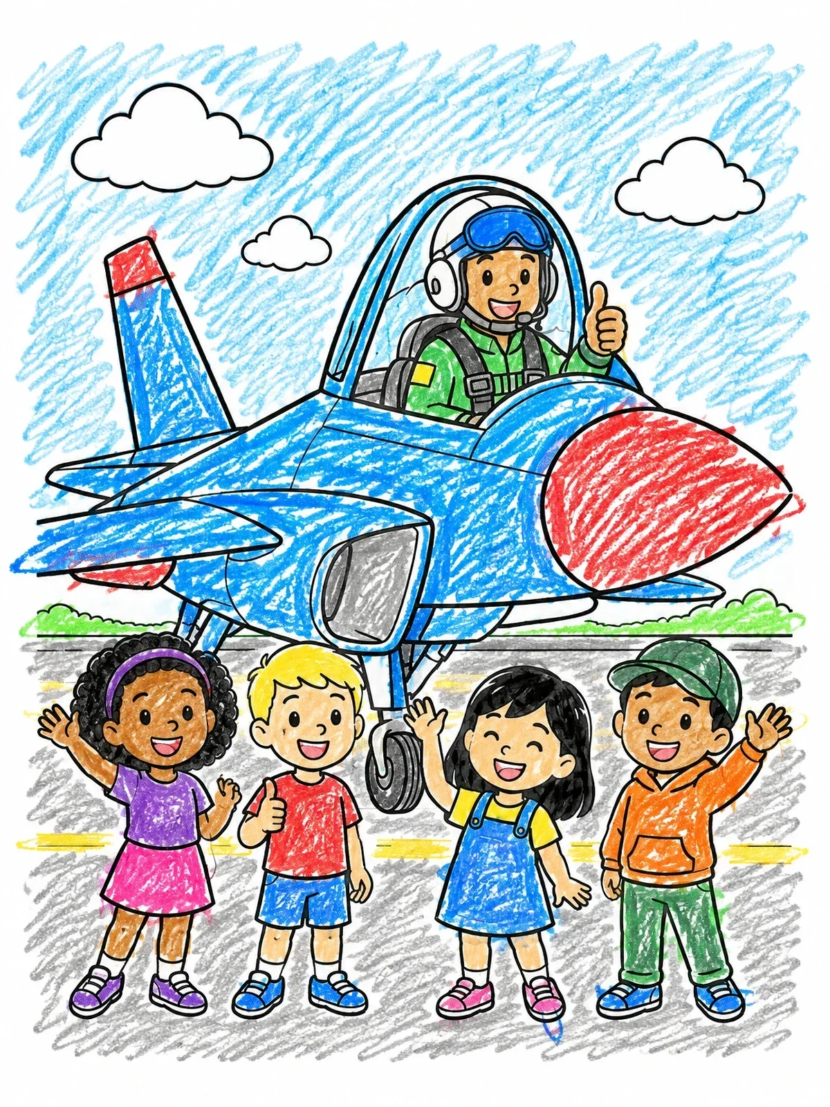 Colored example of the Pilot And Cheerful Kids Near Jet coloring page