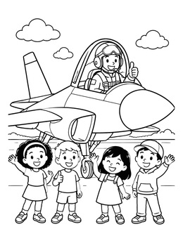 Free printable Pilot And Cheerful Kids Near Jet coloring page