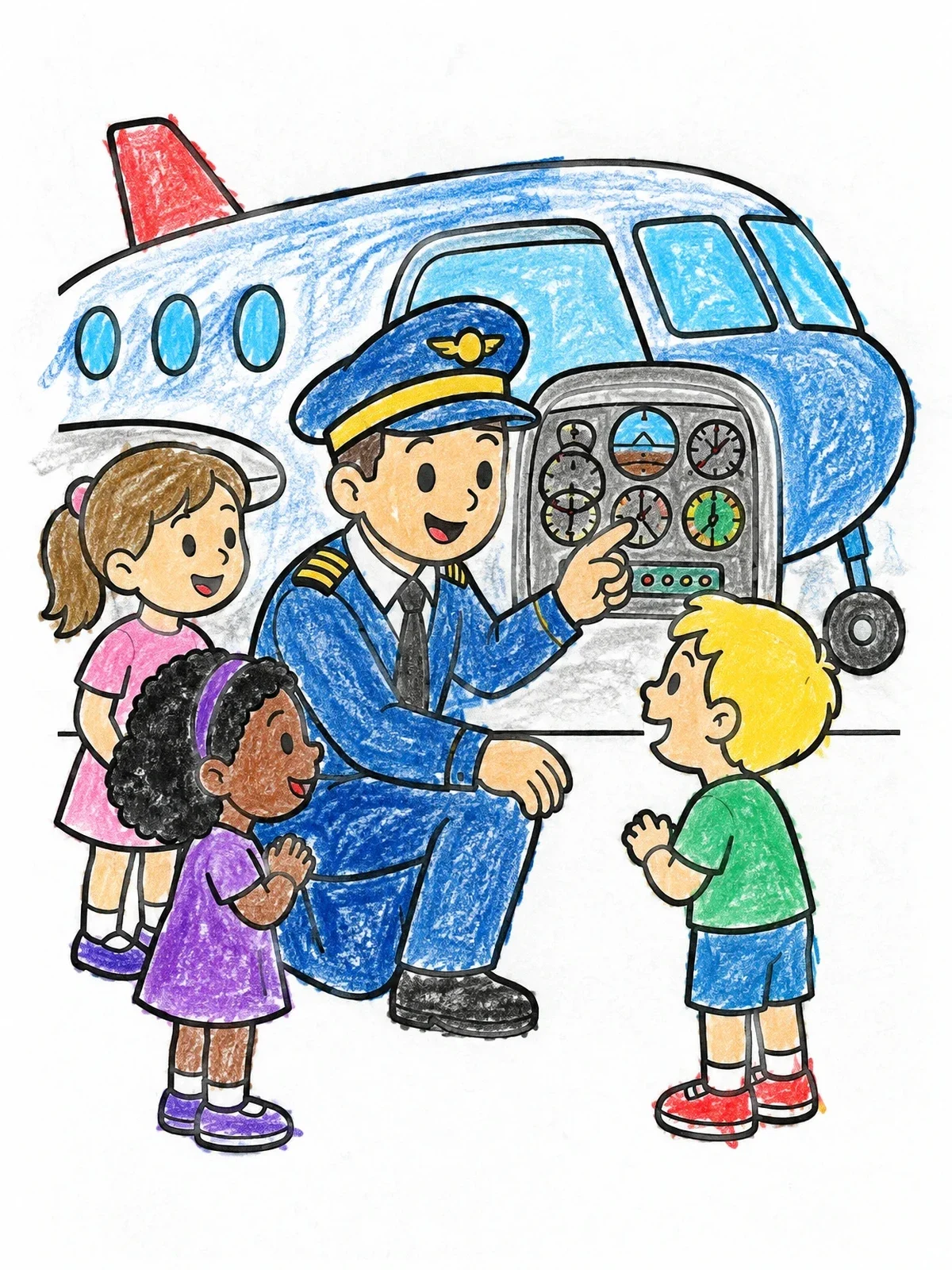 Colored example of the Pilot Showing Airplane Controls To Children coloring page
