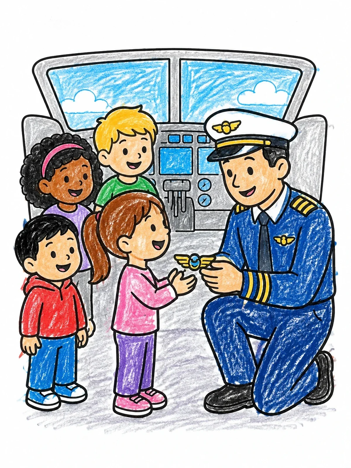 Colored example of the Pilot Giving Wings To Children coloring page