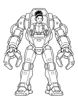 A pilot steers a bipedal mech in this detailed robot coloring page.