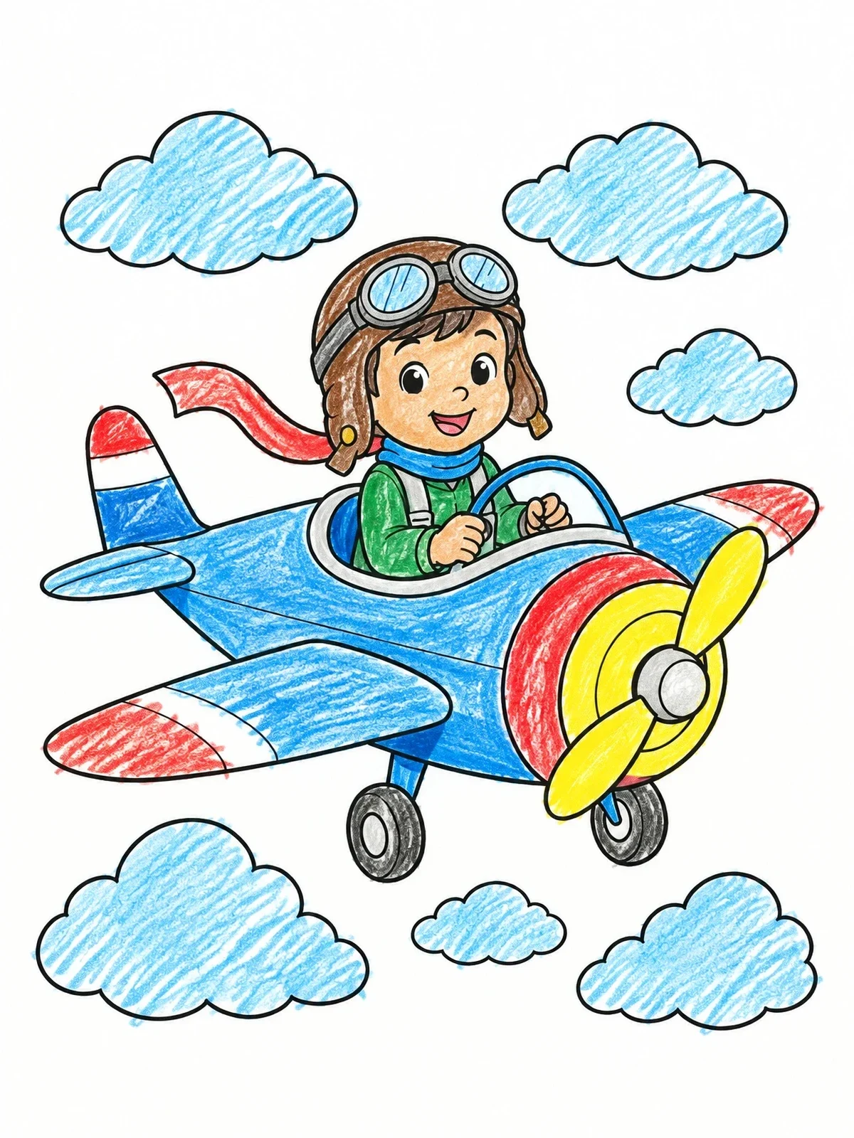 Colored example of the Young Aviator Flying Propeller Airplane coloring page