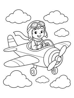 A cheerful young boy in this pilot coloring page flies a small propeller airplane through fluffy clouds.