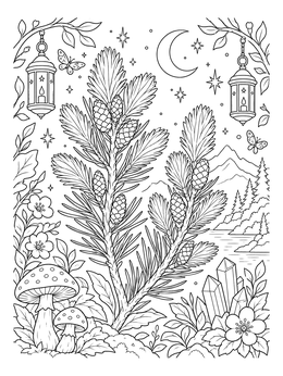 Detailed pine forest coloring page showing young pine sprigs, lanterns, and a crescent moon.