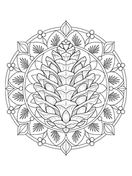 A detailed pine cone cross section inside a decorative pine forest coloring page mandala.