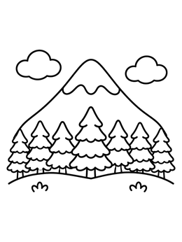 A simple tree coloring page showing fir trees standing in front of a snow-capped mountain.