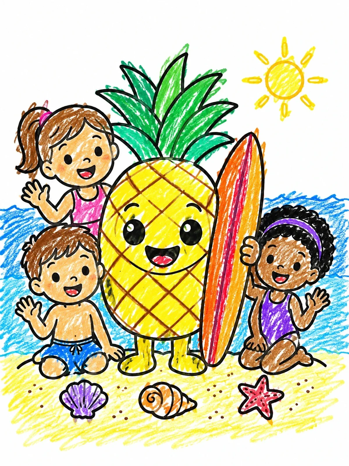 Colored example of the Pineapple And Kids On The Beach coloring page