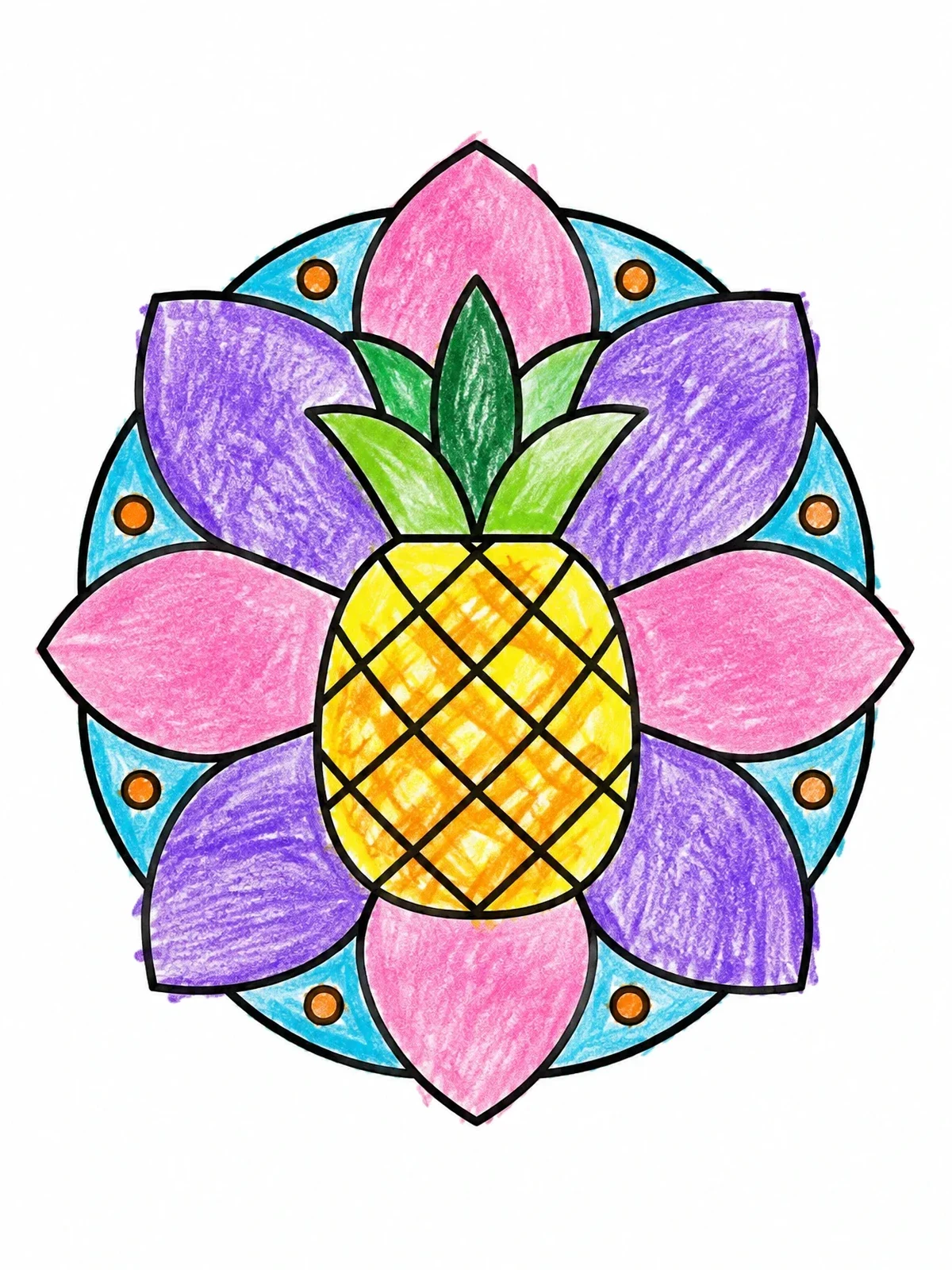 Colored example of the Pineapple And Flower Petal Mandala coloring page