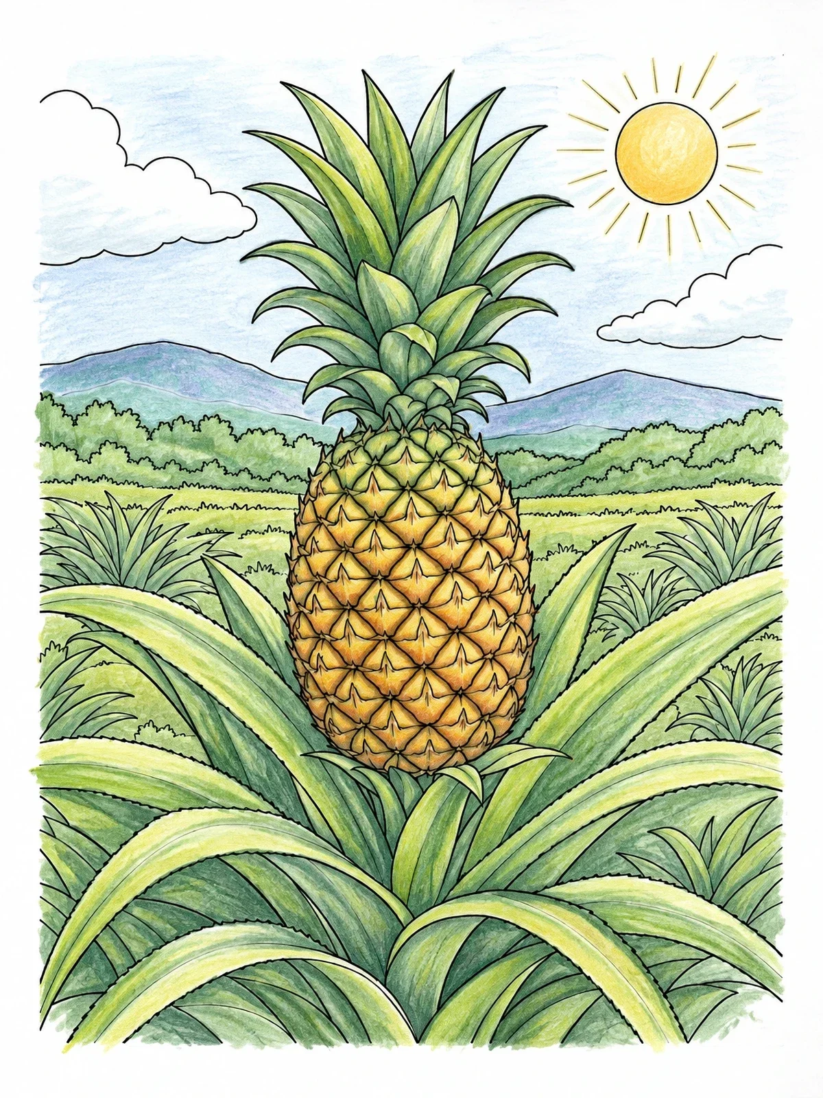 Colored example of the Pineapple Growing In Field coloring page