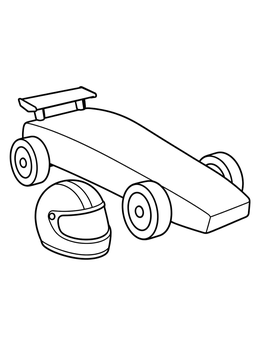 A sleek wooden derby car coloring page featuring a racing spoiler and driver helmet.