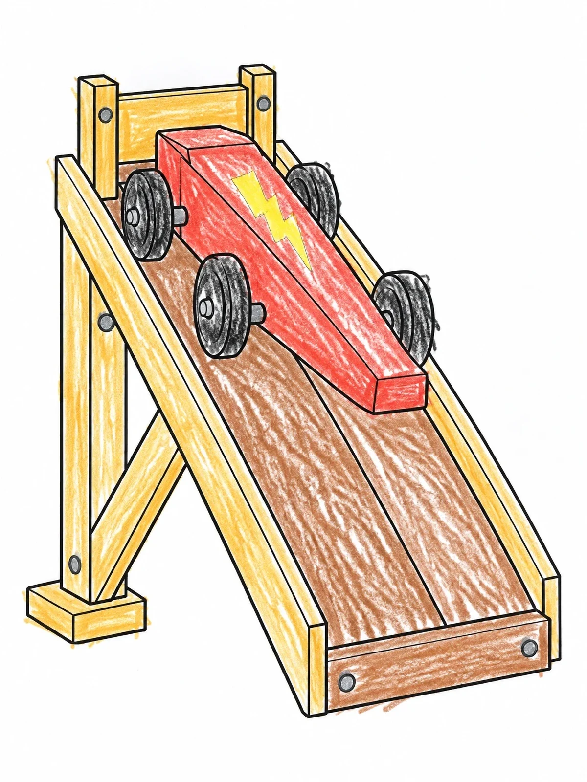Colored example of the Pinewood Derby Car On Starting Ramp coloring page