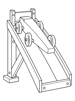A sleek wooden pinewood derby car coloring page ready at the top of a steep race ramp.