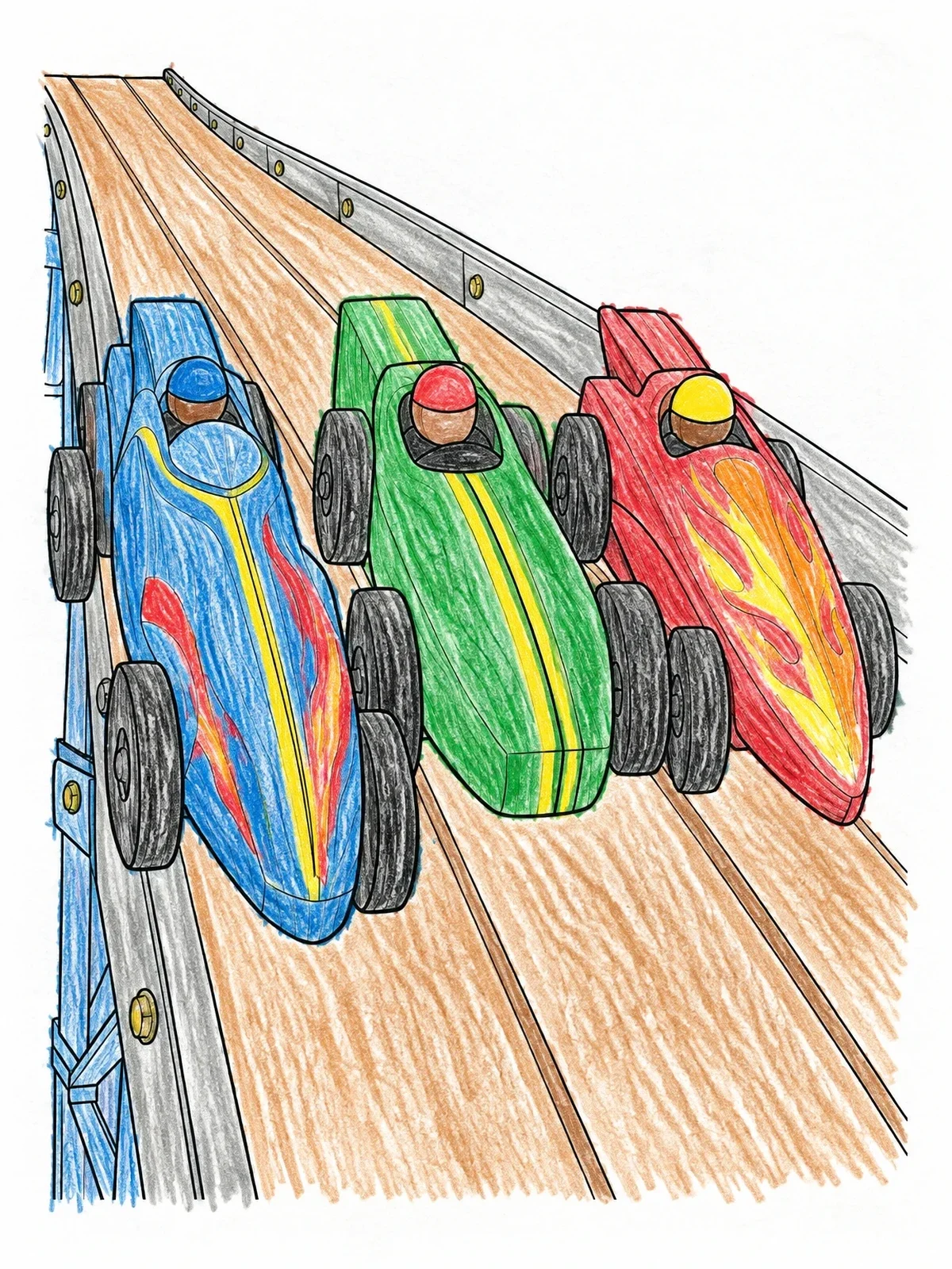Colored example of the Pinewood Derby Cars On Track coloring page