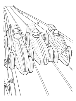 Exciting pinewood derby car coloring page featuring three wooden racers zooming downhill.