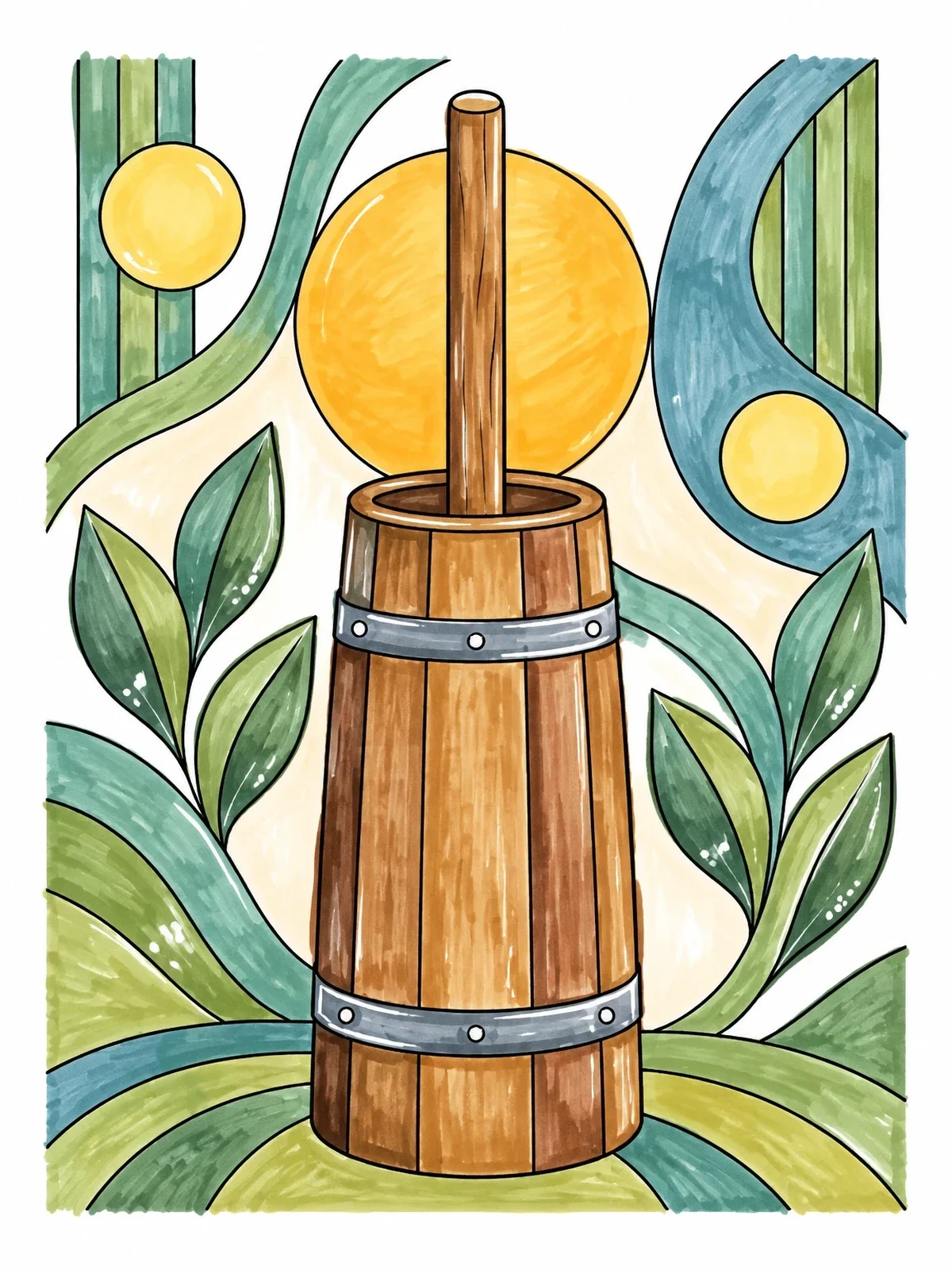 Colored example of the Pioneer Butter Churn With Abstract Background coloring page