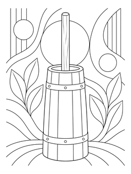 A rustic wooden butter churn on an oregon trail coloring page with stylized nature patterns.
