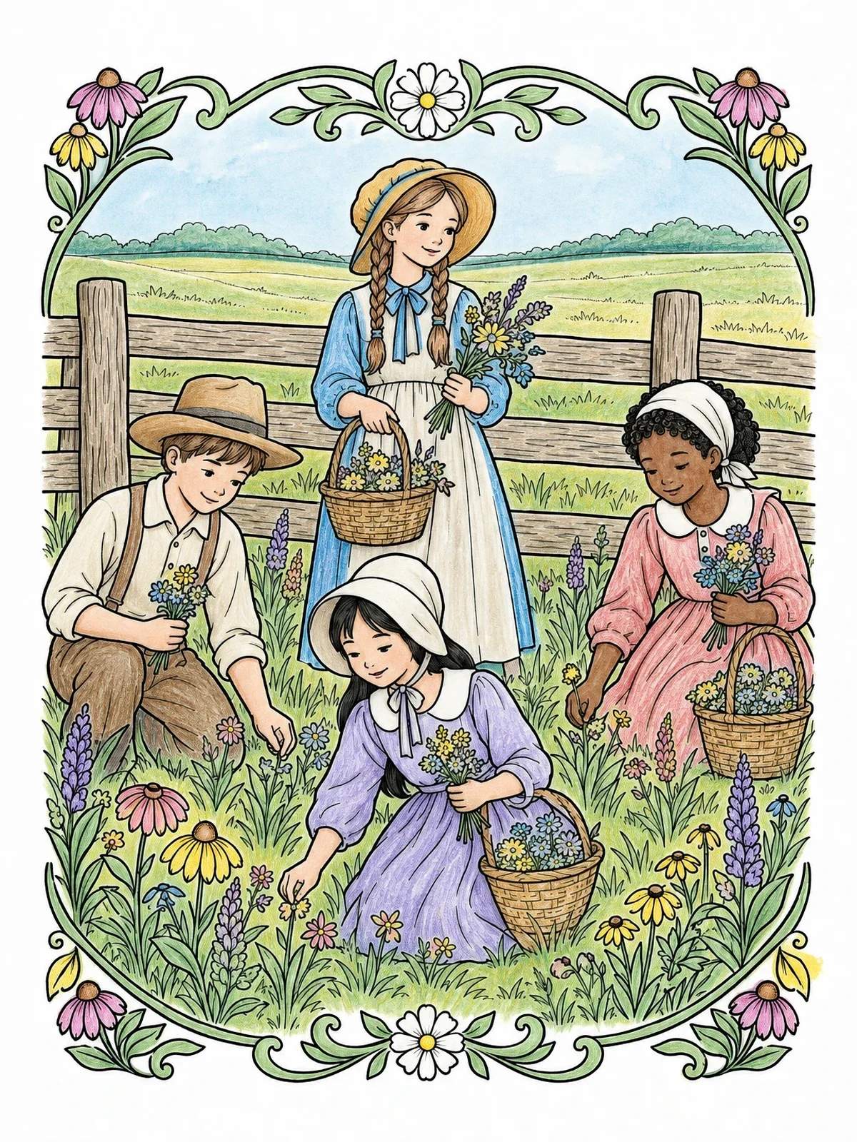 Colored example of the Pioneer Children Gathering Prairie Wildflowers coloring page