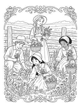 Pioneer children pick flowers along a fence in this prairie coloring page.