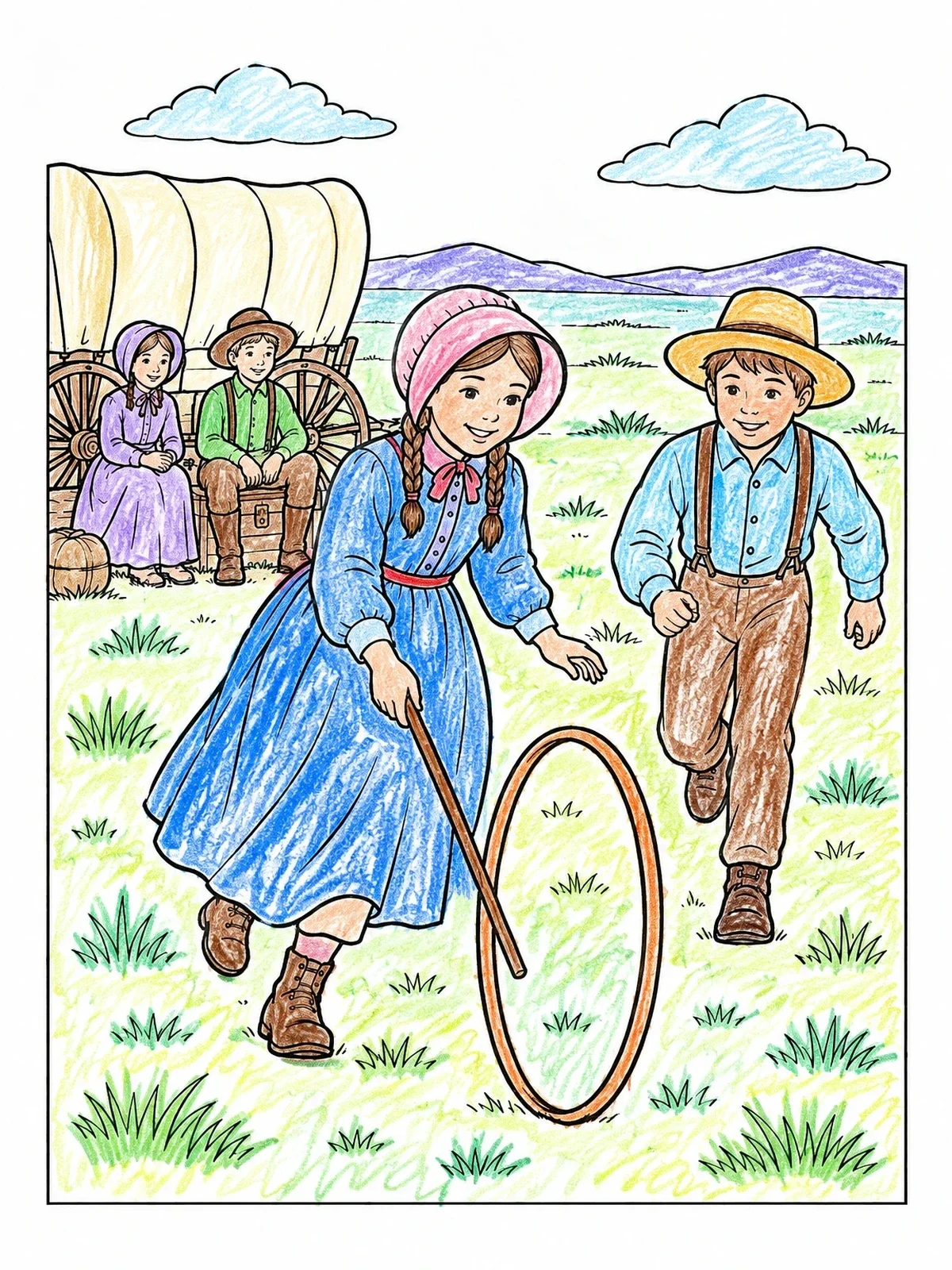 Colored example of the Pioneer Children Playing Hoop Rolling coloring page