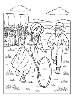 Children play hoop and stick near a covered wagon in this Oregon Trail coloring page.
