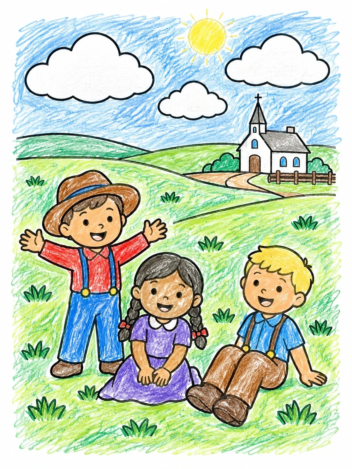 Colored example of the Pioneer Children On The Prairie Grassland coloring page