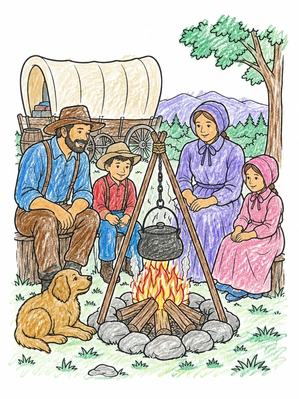 Colored example of the Pioneer Family Around The Campfire coloring page