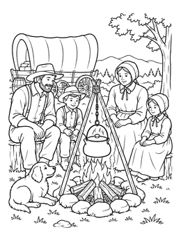 A pioneer family and dog rest by the fire in this oregon trail coloring page.
