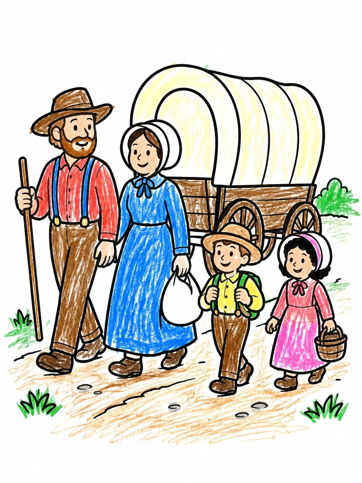 Colored example of the Pioneer Family With Covered Wagon coloring page
