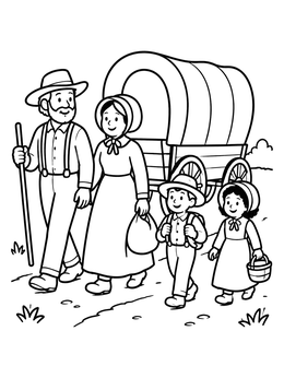 Free printable Pioneer Family With Covered Wagon coloring page