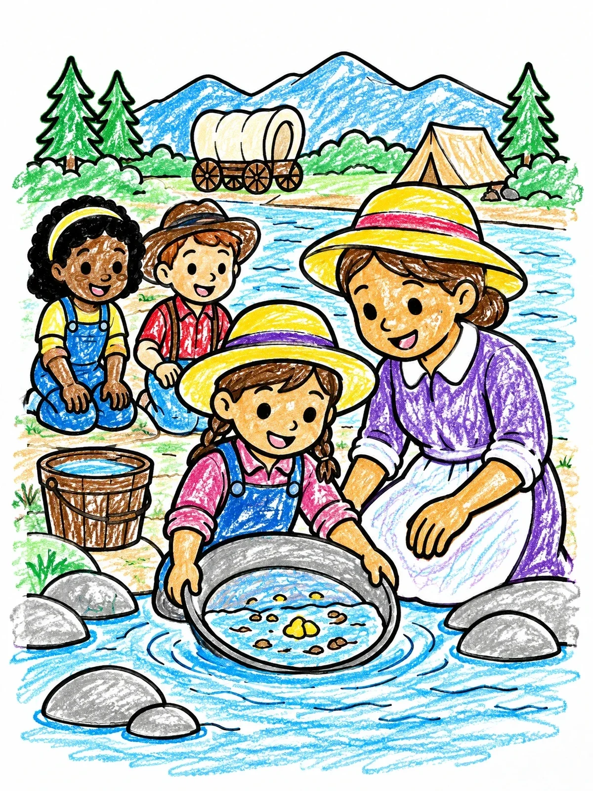 Colored example of the Pioneer Family Panning For Gold coloring page