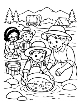 Free printable Pioneer Family Panning For Gold coloring page