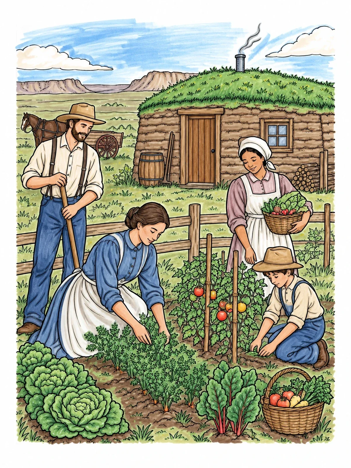 Colored example of the Pioneer Family Gardening By Sod House coloring page