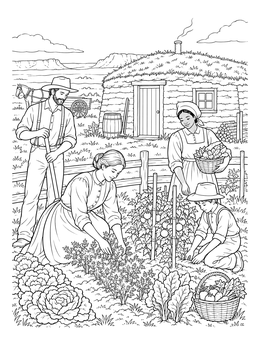 A settler family tends vegetables by a sod house in this prairie coloring page.