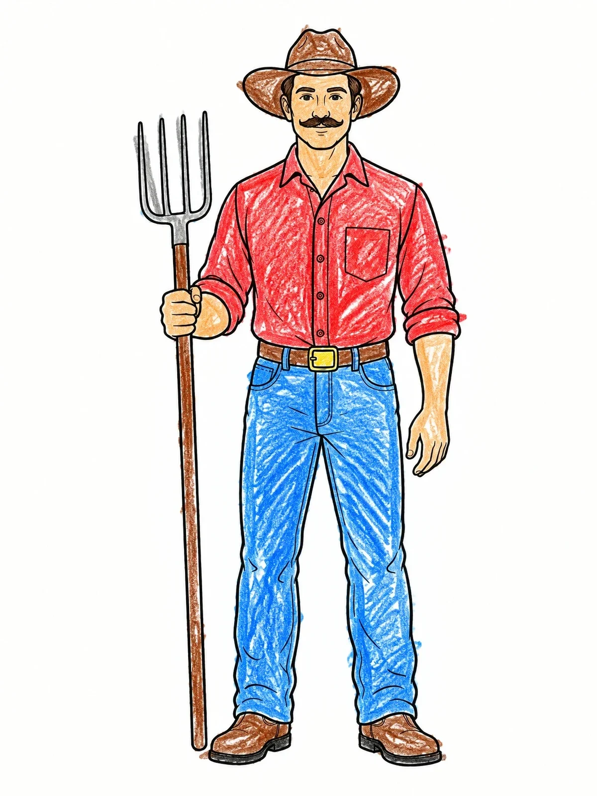 Colored example of the Pioneer Farmer With Pitchfork coloring page
