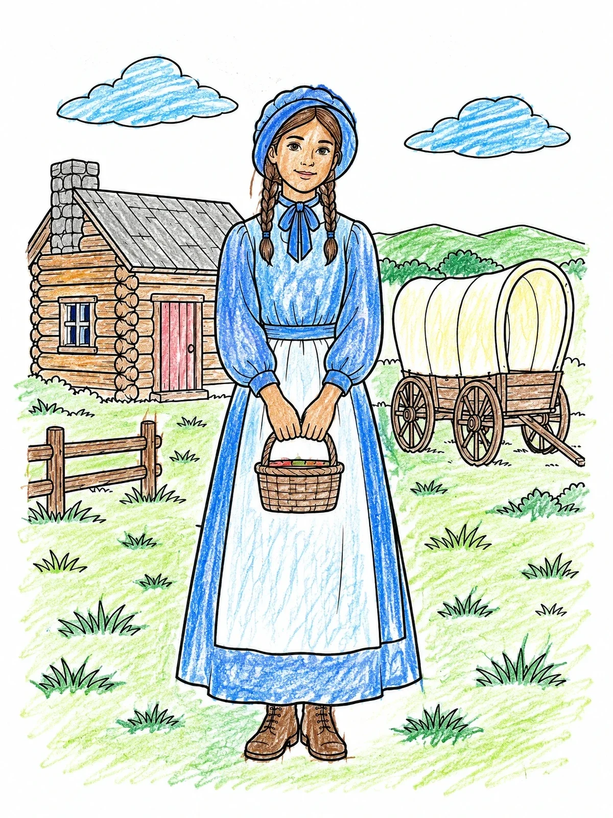 Colored example of the Pioneer Girl By Log Cabin coloring page