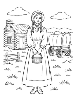 Free printable Pioneer Girl By Log Cabin coloring page