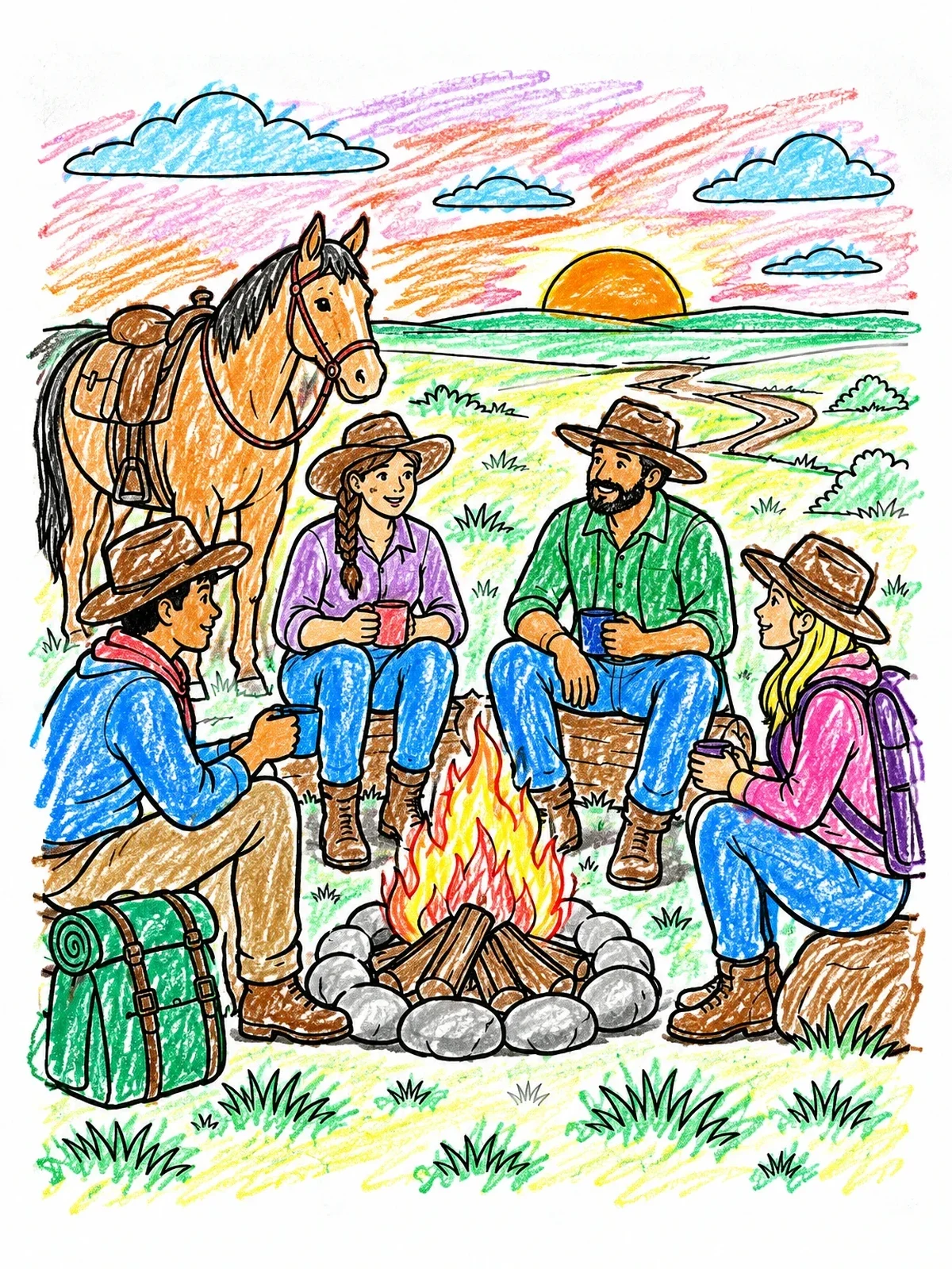 Colored example of the Campfire Rest On Prairie Trail coloring page