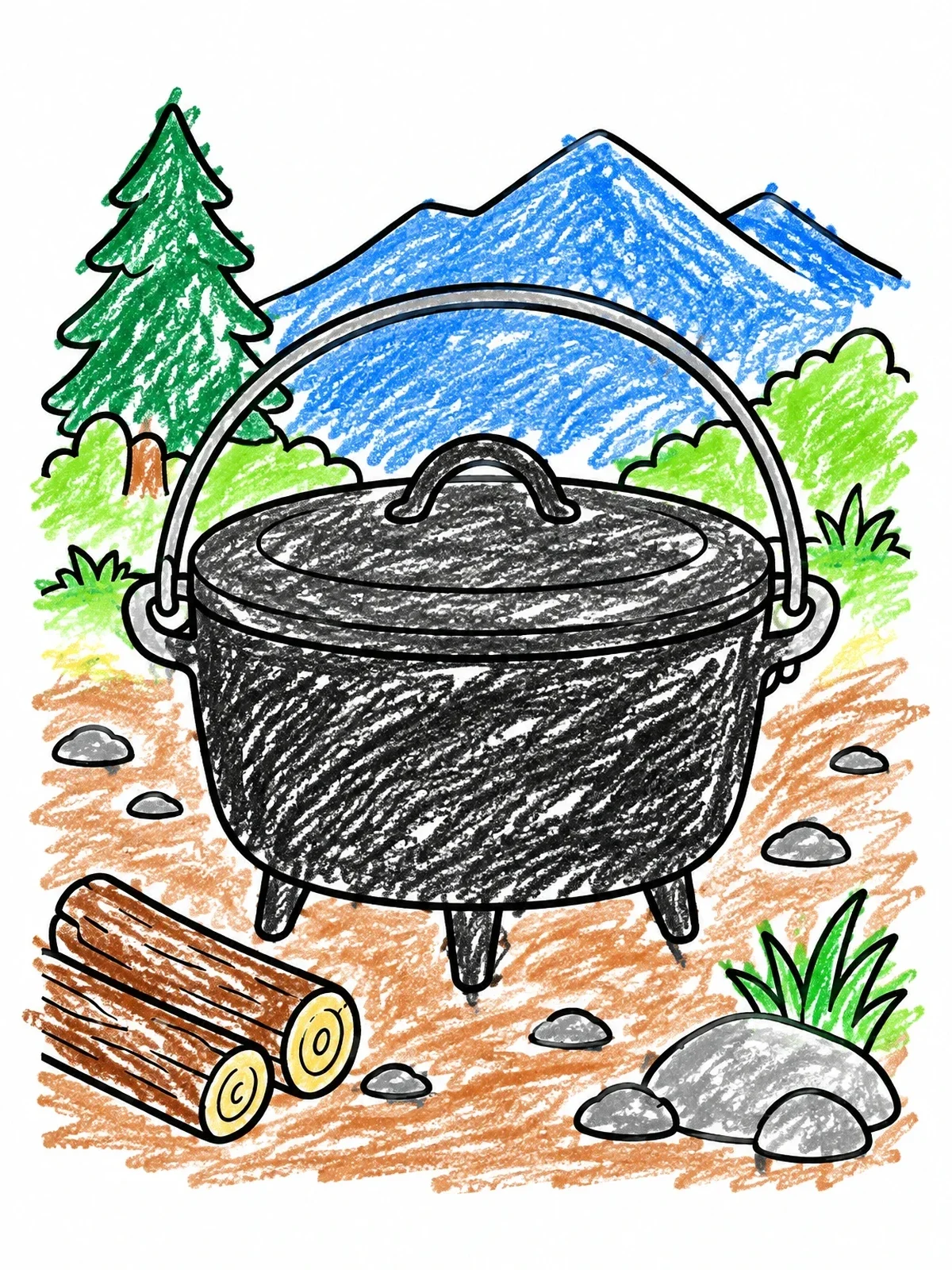 Colored example of the Campfire Dutch Oven In Wilderness coloring page