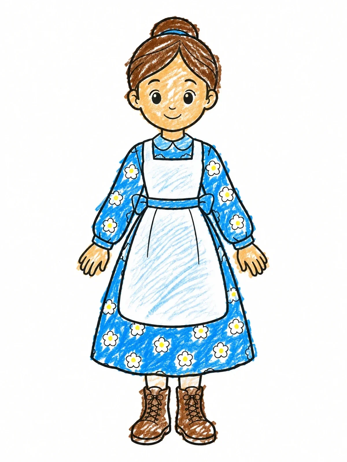Colored example of the Cheerful Pioneer Girl In Apron coloring page