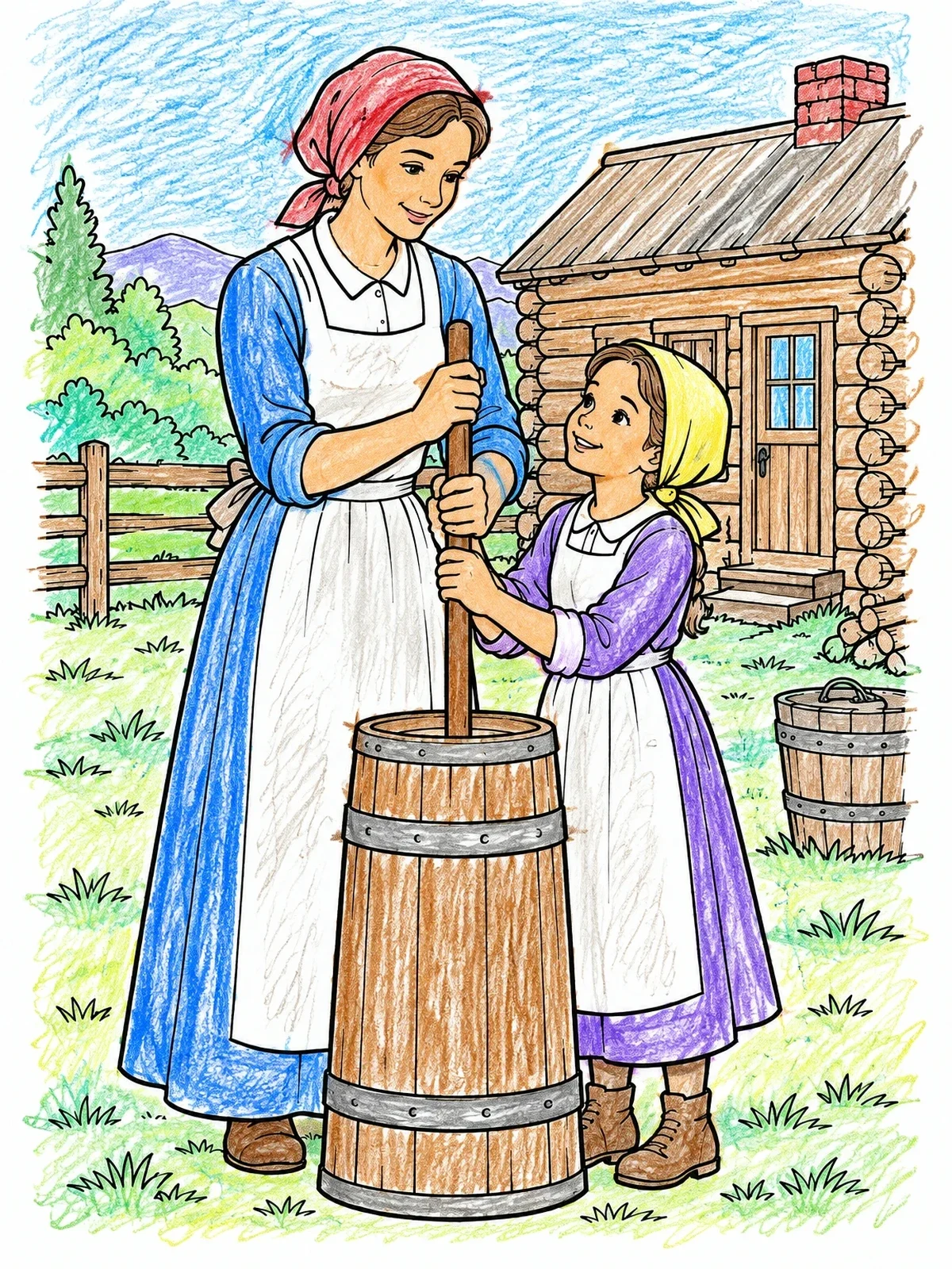 Colored example of the Churning Butter By The Cabin coloring page