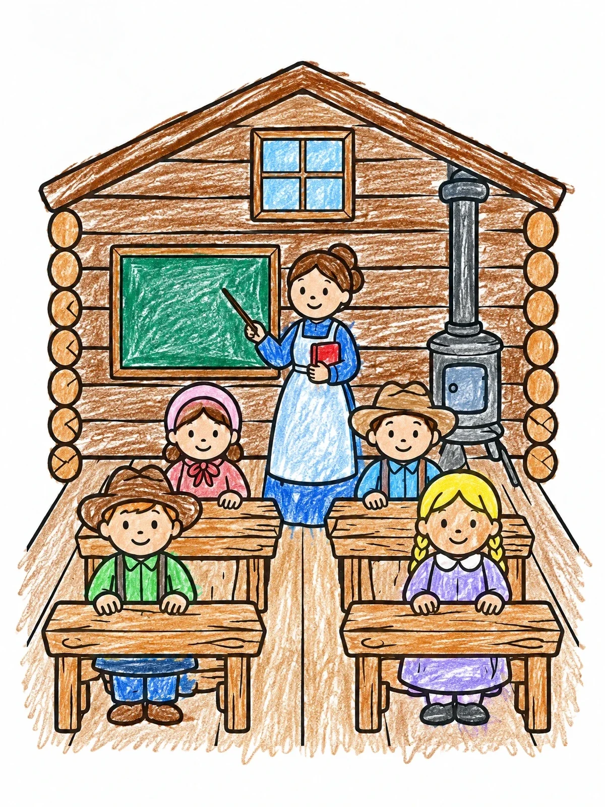 Colored example of the Frontier Schoolhouse Classroom coloring page