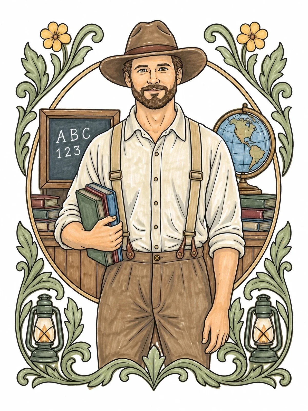 Colored example of the Frontier Schoolteacher With Books And Slate coloring page