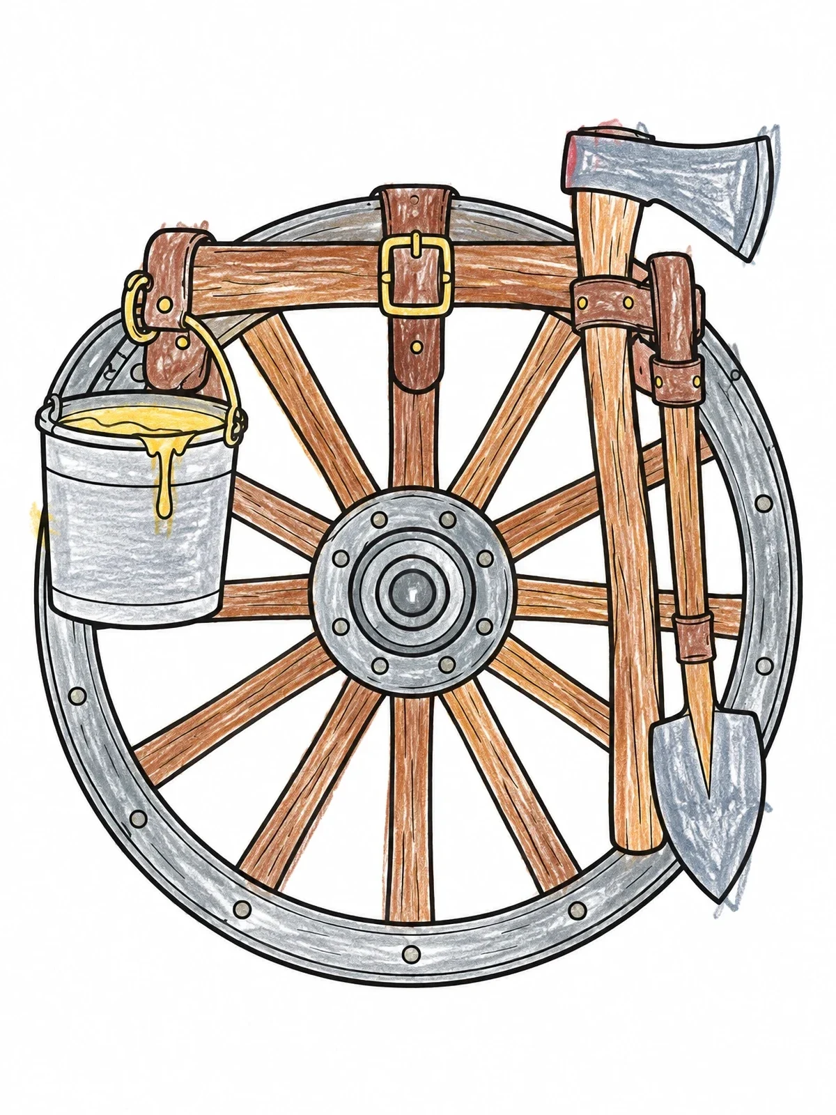 Colored example of the Frontier Wagon Wheel And Tools coloring page