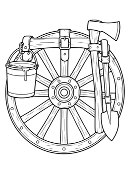 Free printable Frontier Wagon Wheel And Tools coloring page