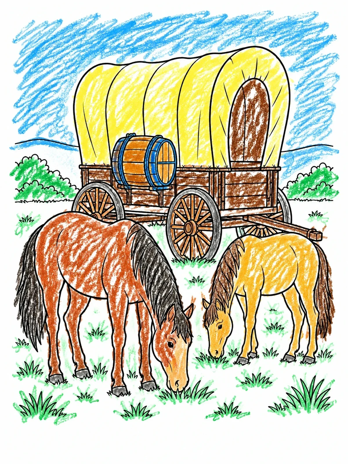 Colored example of the Horses Grazing By Covered Wagon coloring page