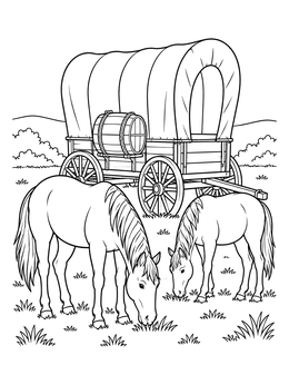 Free printable Horses Grazing By Covered Wagon coloring page