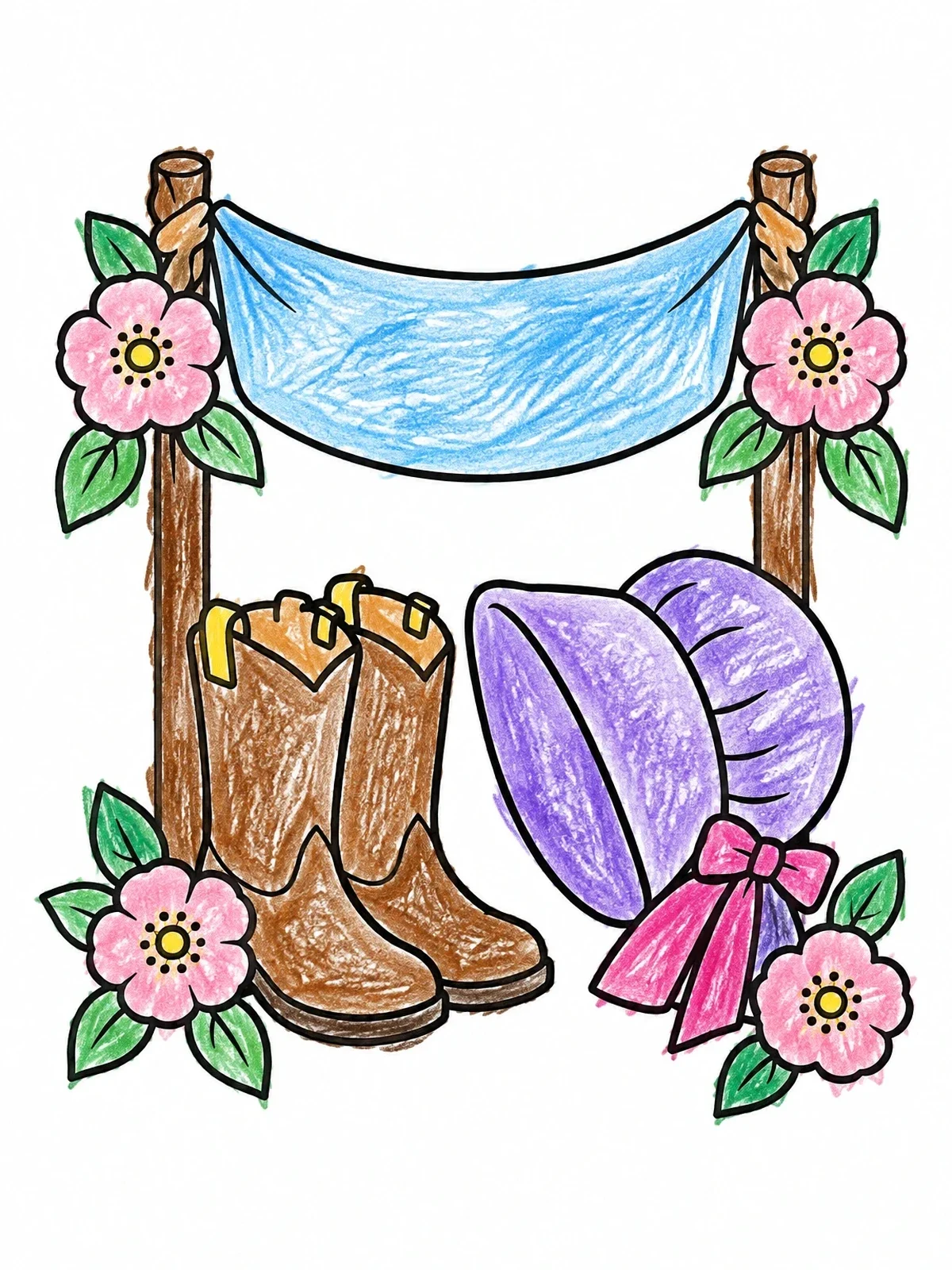 Colored example of the Pioneer Bonnet, Boots, And Wild Roses coloring page