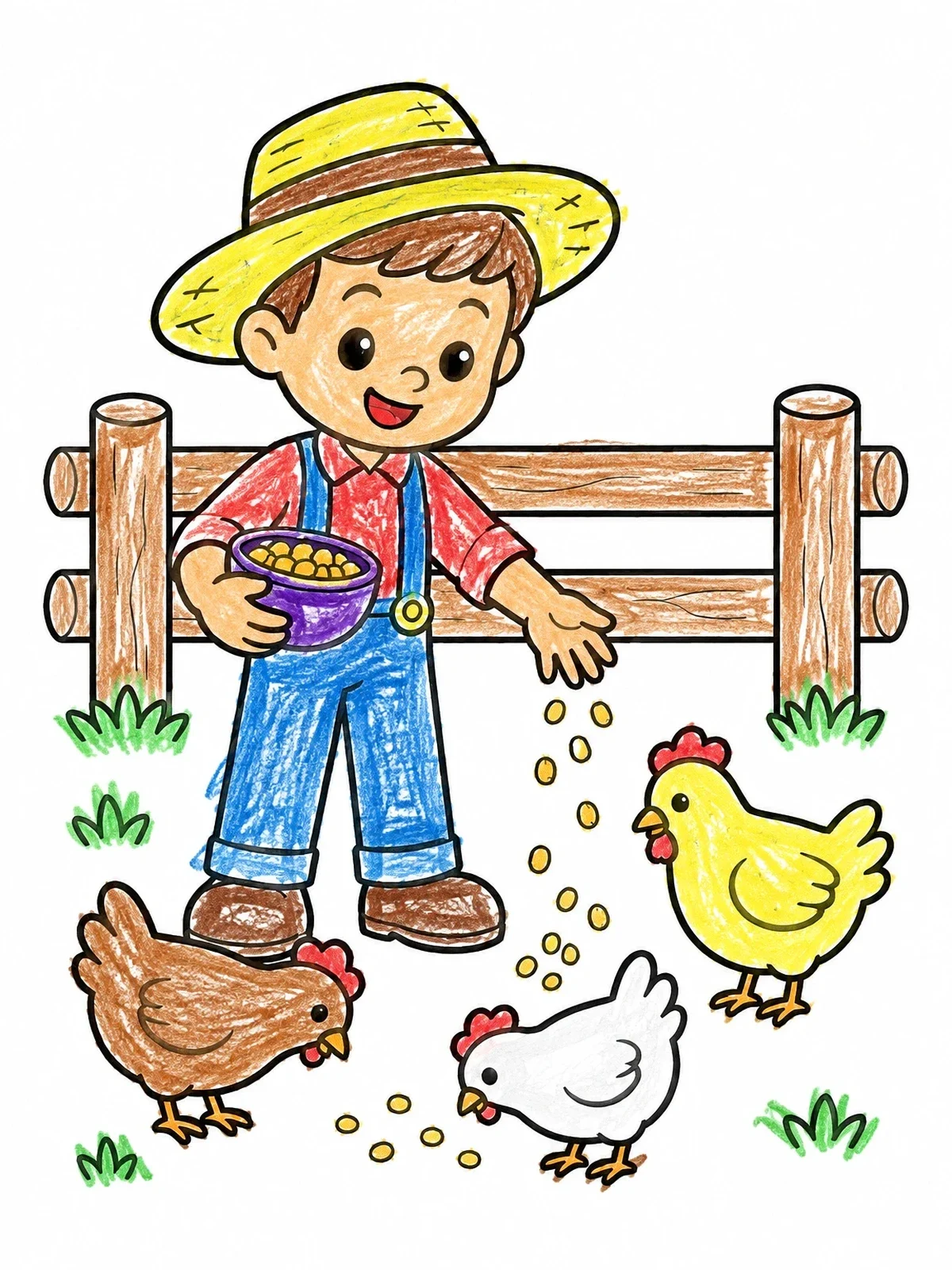 Colored example of the Pioneer Boy Feeding Farm Chickens coloring page
